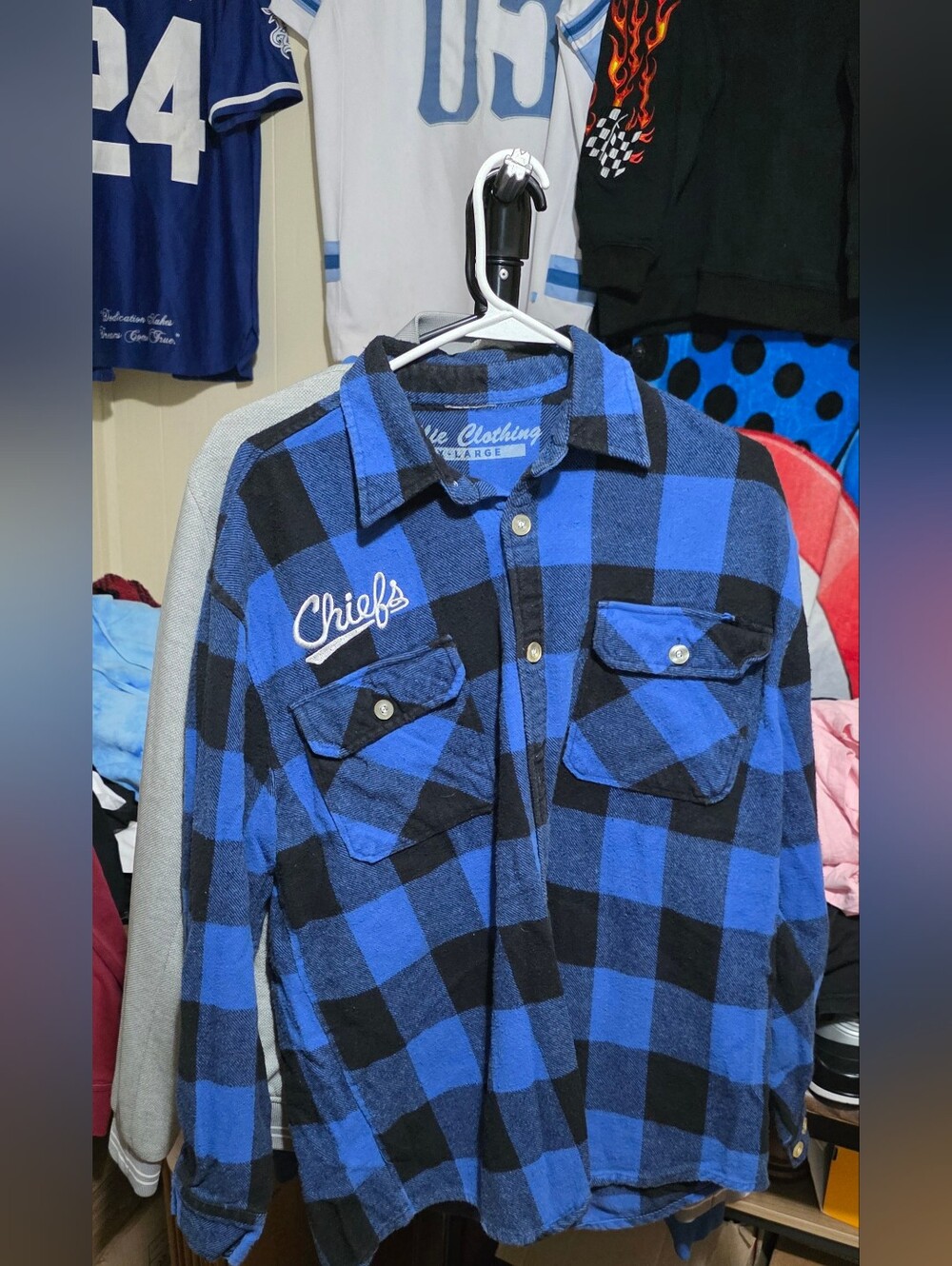 Kids Blue & Black Plaid Button-Down Shirt with Chiefs Embroidery